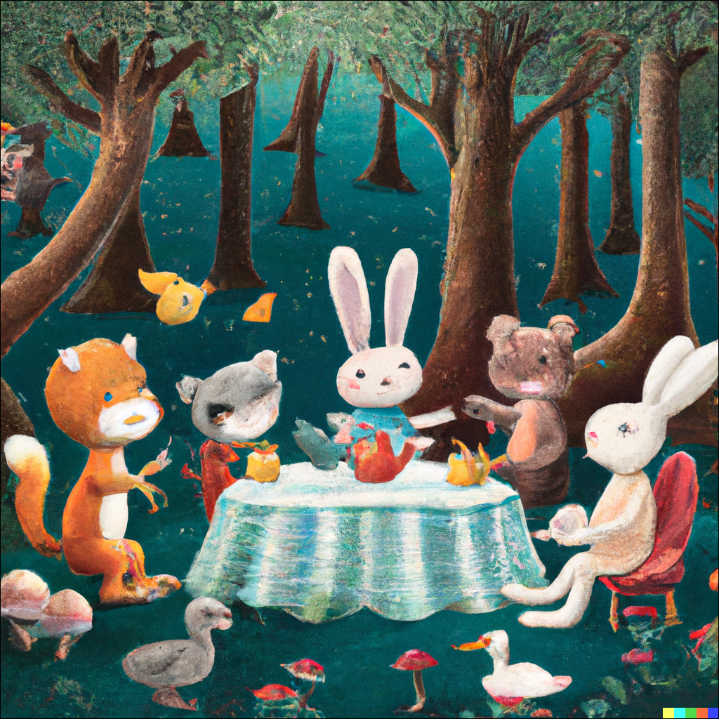"Visualize a group of animals having a tea party in a forest."