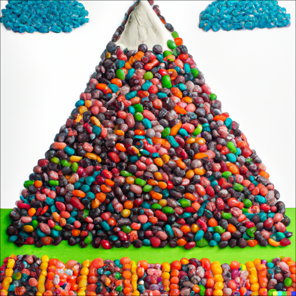 "Create an image of a mountain range made entirely of jellybeans."