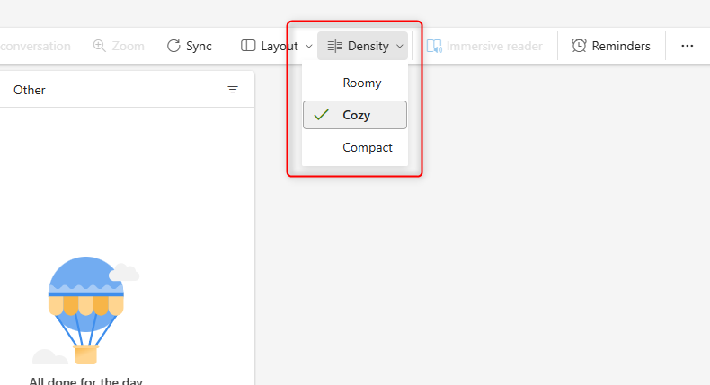 The new &lsquo;Density&rsquo; feature in Outlook, found on the ribbon, and the &lsquo;Cozy&rsquo; option selected.
