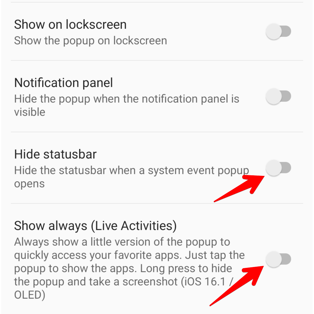 Hide Statusbar and Show Always toggles highlighted in the DynamicSpot app.