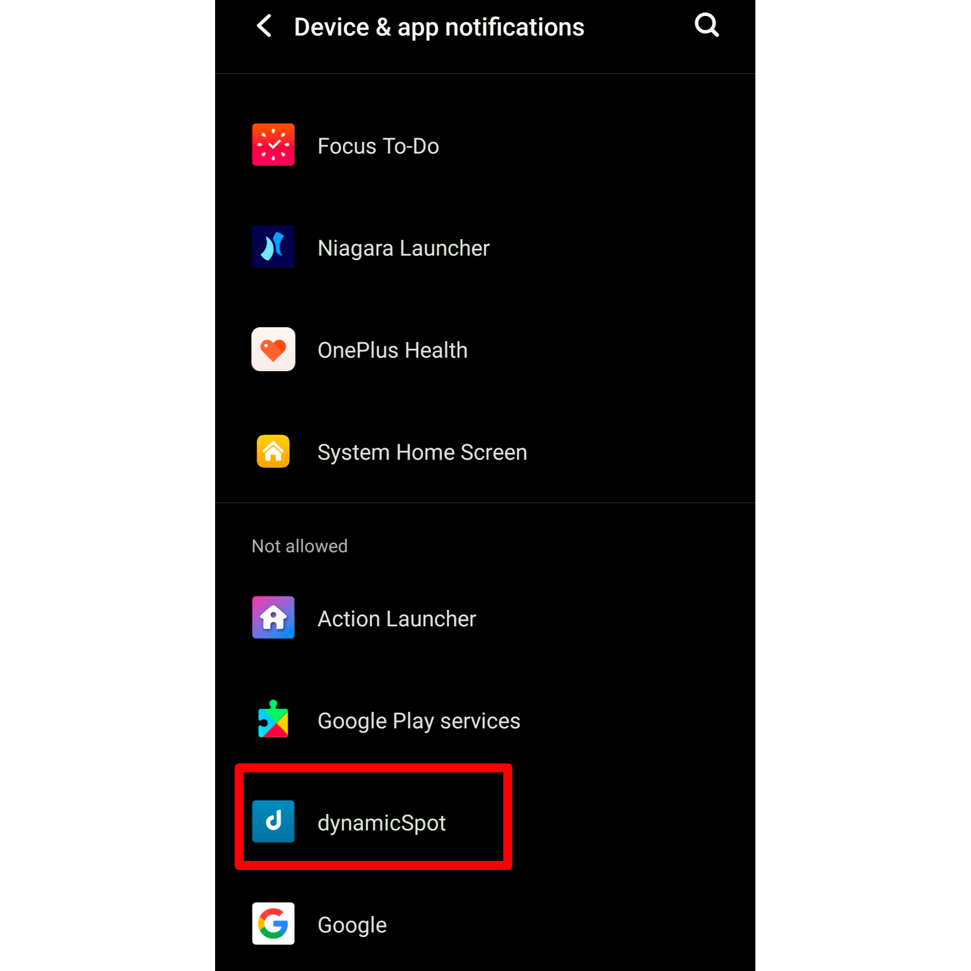 Android's device and app notifications settings menu highlighting the dynamicSpot app.