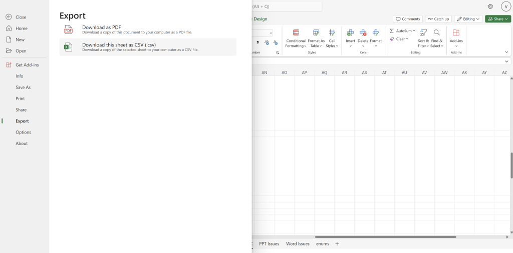 Screenshot of Excel web app with open export options menu.