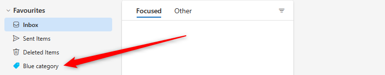 The Favorites section of Outlook, with the newly added Blue Category appearing in the Favorites.