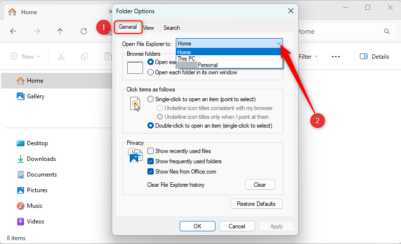 File Explorer's Folder Options Window with the 'Open File Explorer To' drop-down options highlighted.