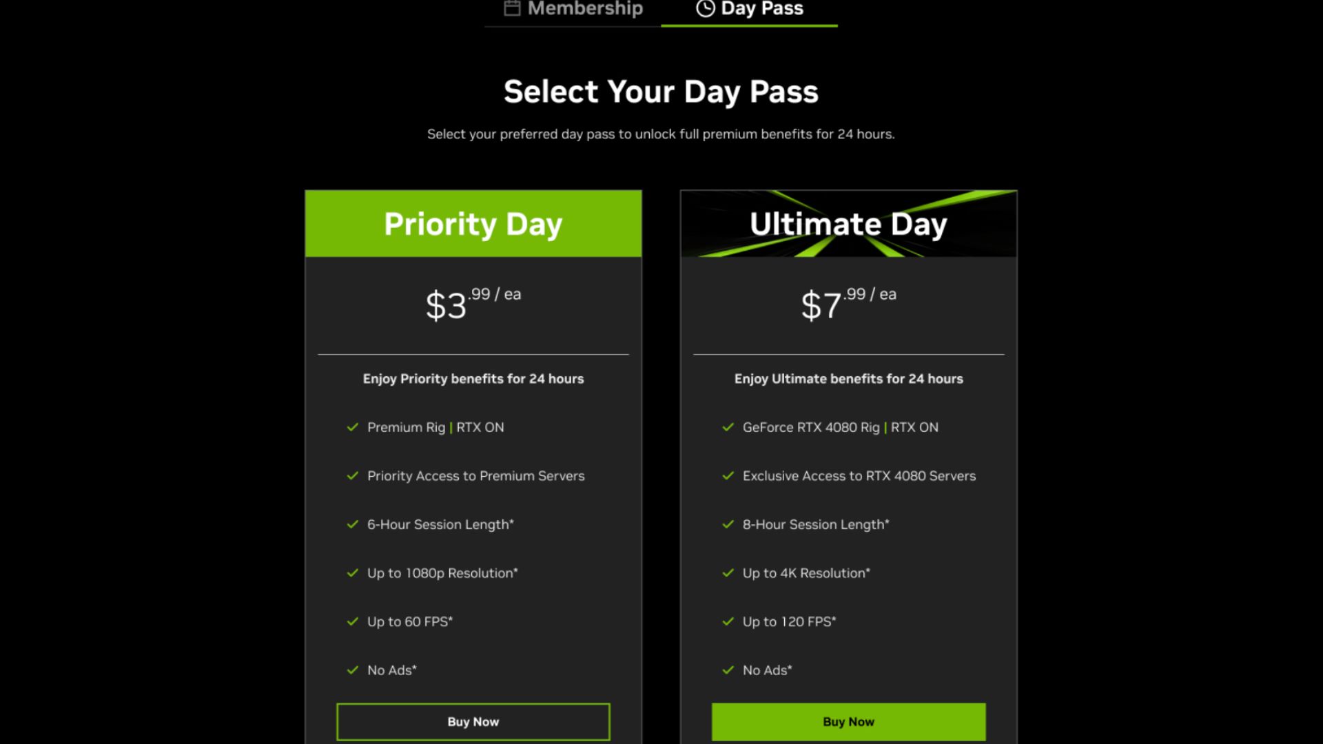 GeForce Now day pass pricing