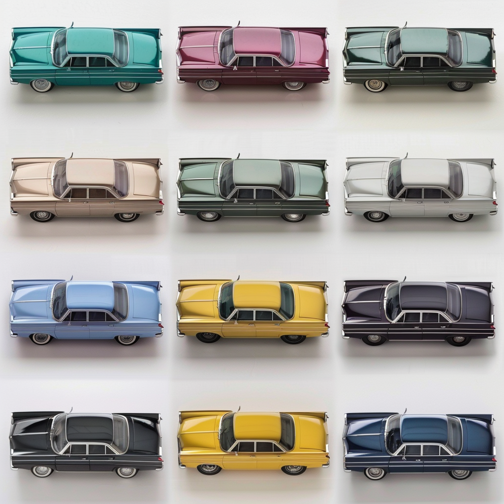 An AI-generated image of toy cars in various colors.