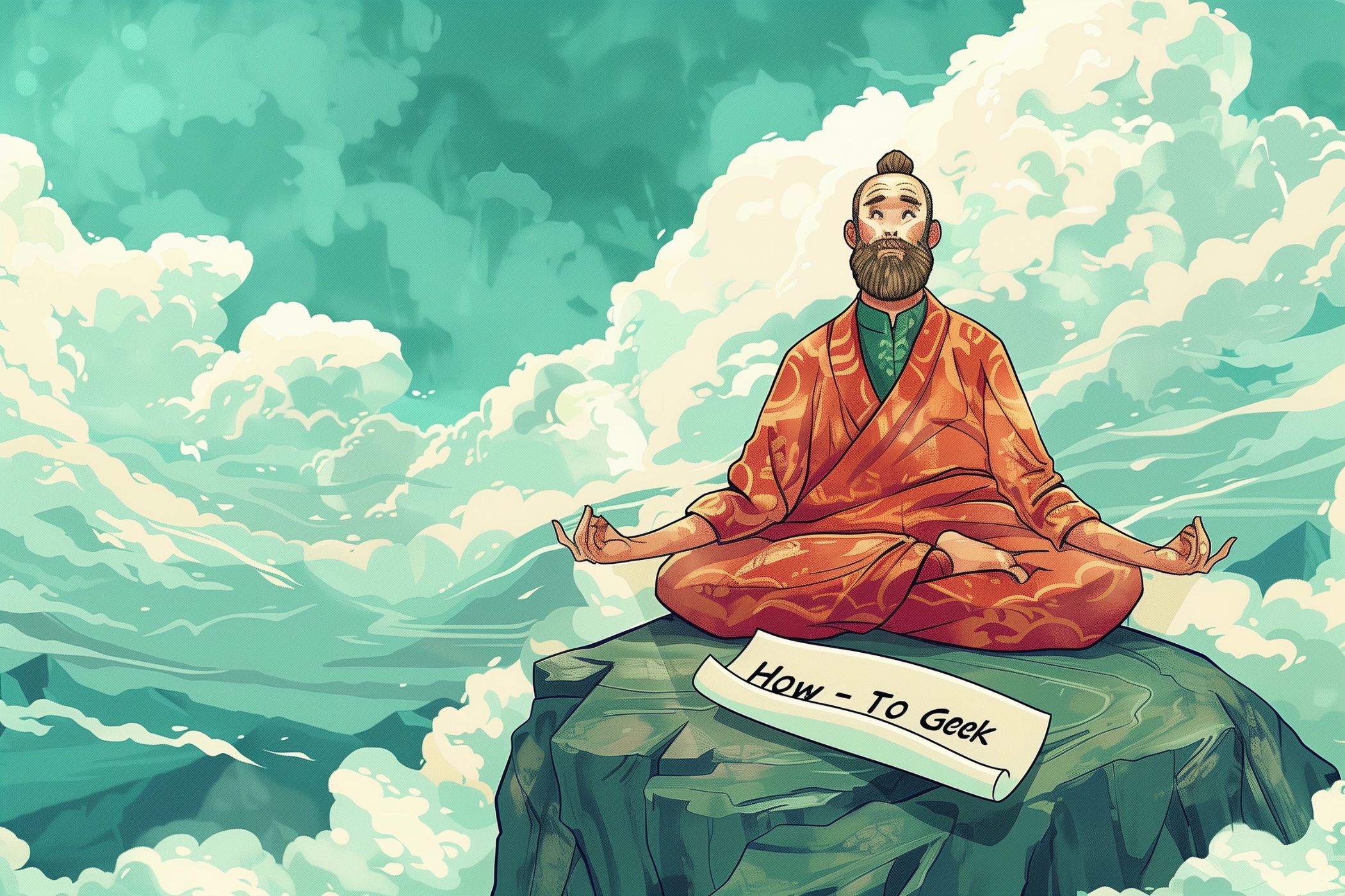 A meditating man sitting on a mountaintop with a scroll that reads 'How-To Geek' unfurled in front of him.