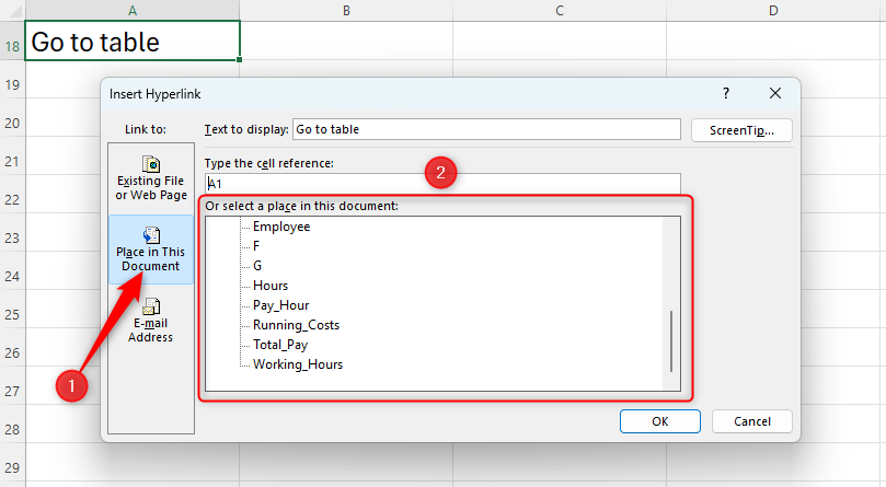 The Insert Hyperlink dialog box in Excel, with 'Place In This Document' highlighted and the list of names displayed.