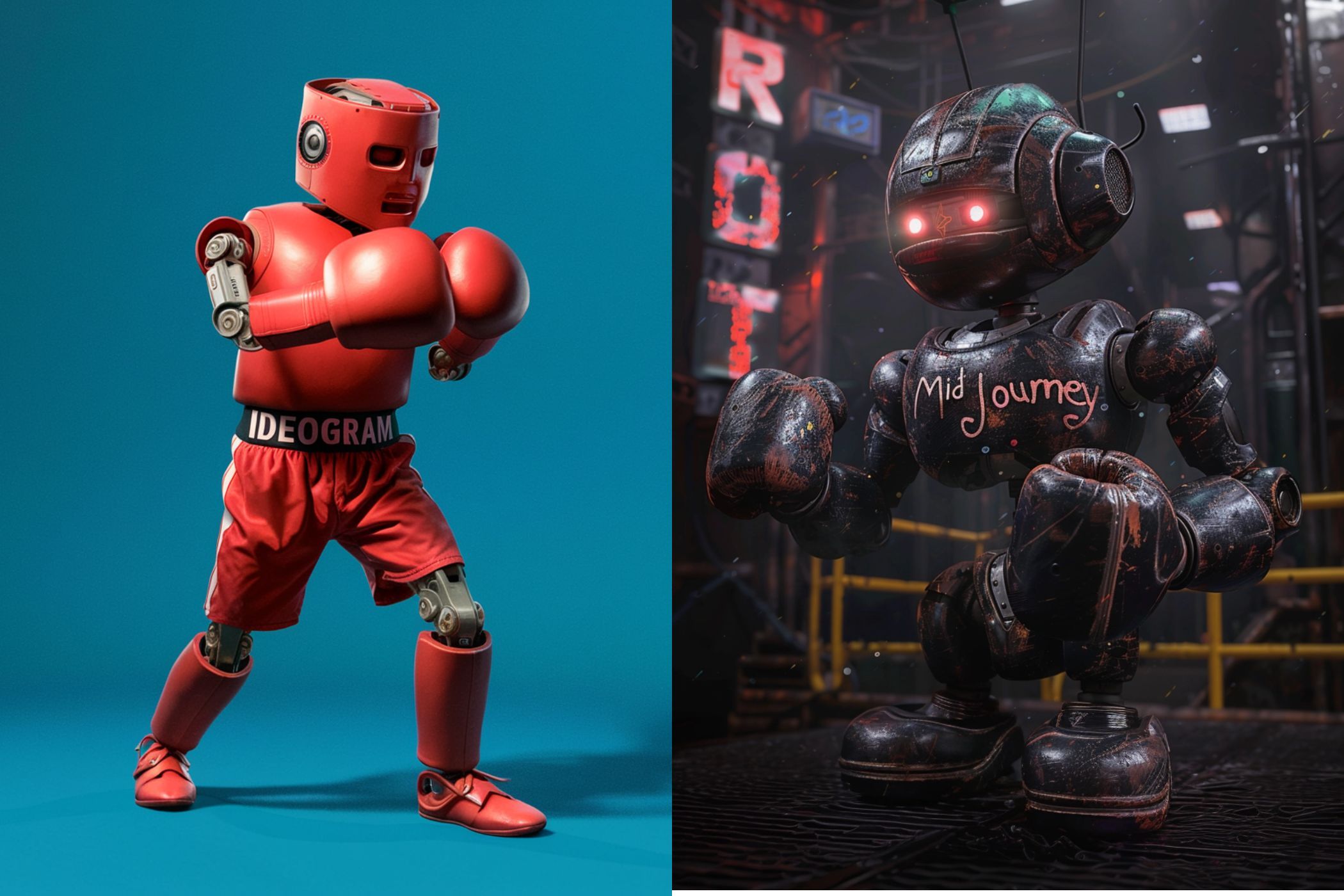 An Ideogram and Midjourney robot facing off against each other in boxing gear