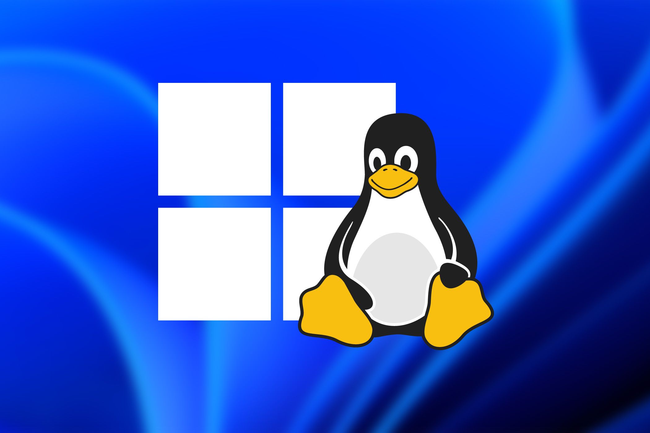 Windows logo next to a Tux, the Linux penguin, on a blue background.
