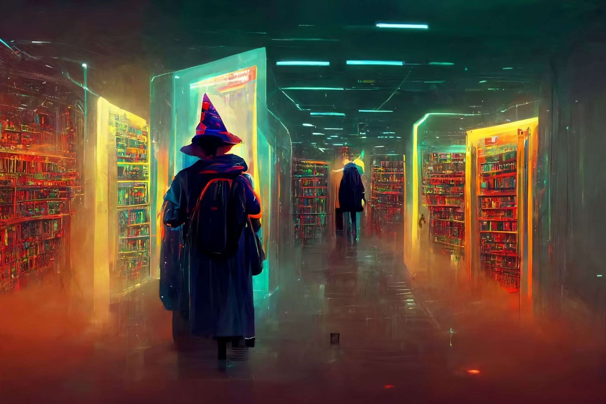 Wizard walking through futuristic hall.
