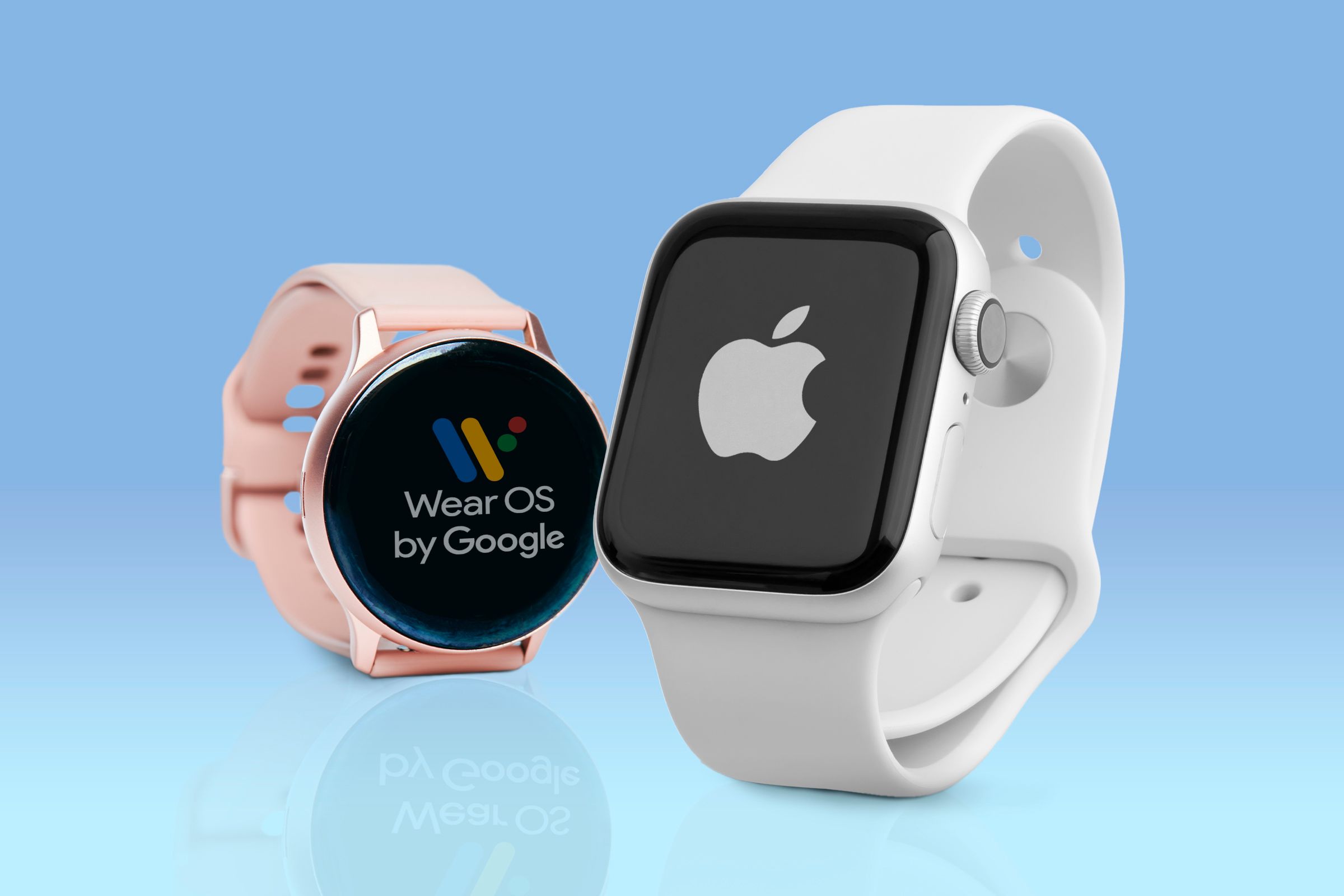 On the left, a Samsung watch with the wearOS logo on the screen, on the right, an apple watch with apple logo on the screen.
