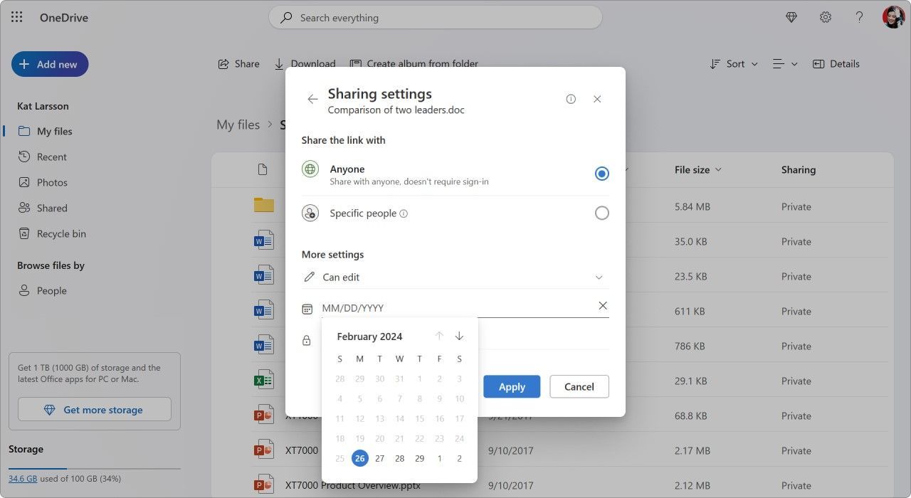 Screenshot of sharing settings and a calendar popup.