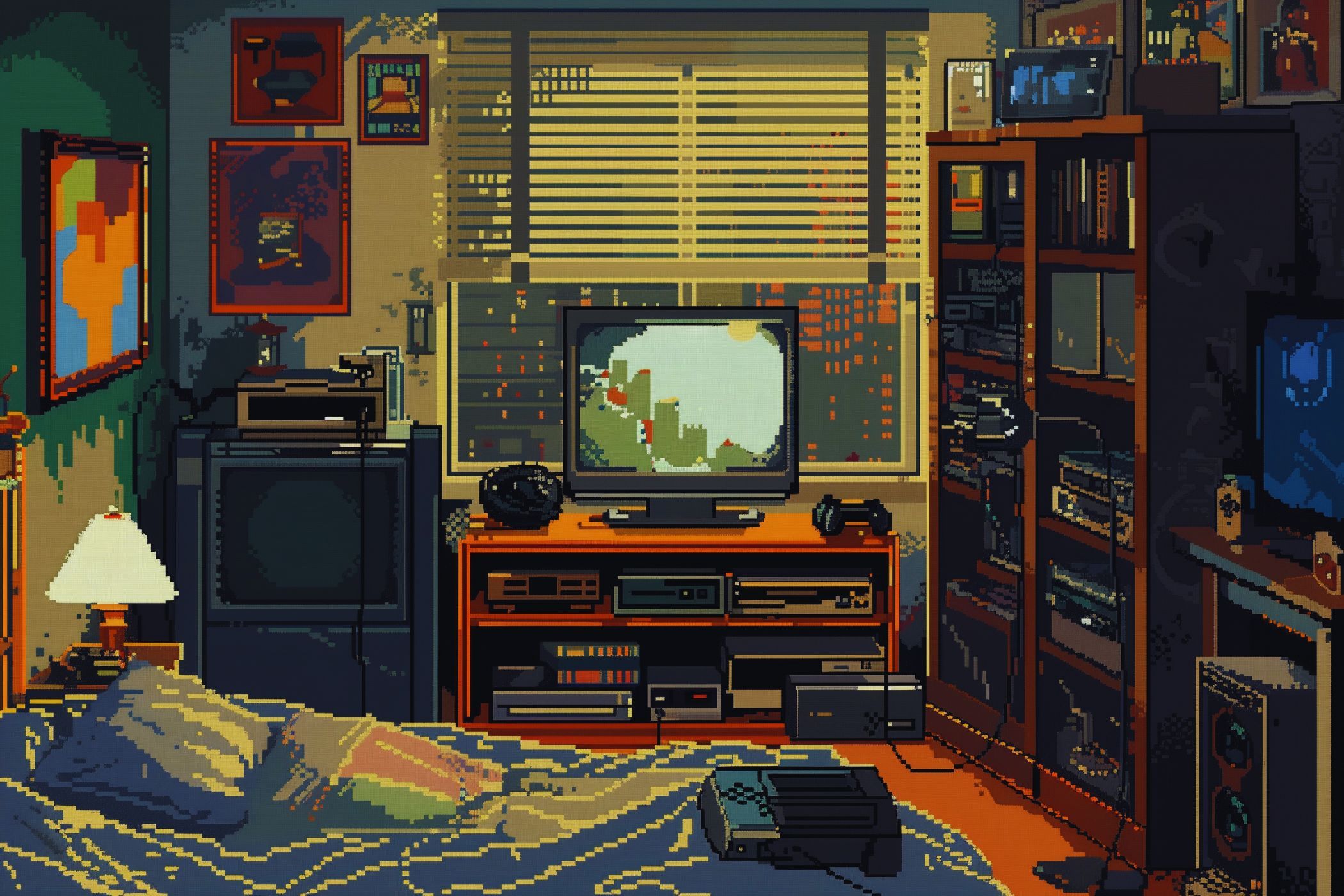 Pixel art retro scene of bedroom filled with nostalgic technology.