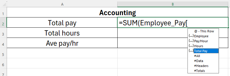 An Excel worksheet with a named table and column showing in the automatic options in a formula.