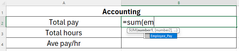 An excel sheet with an array name showing in a formula.