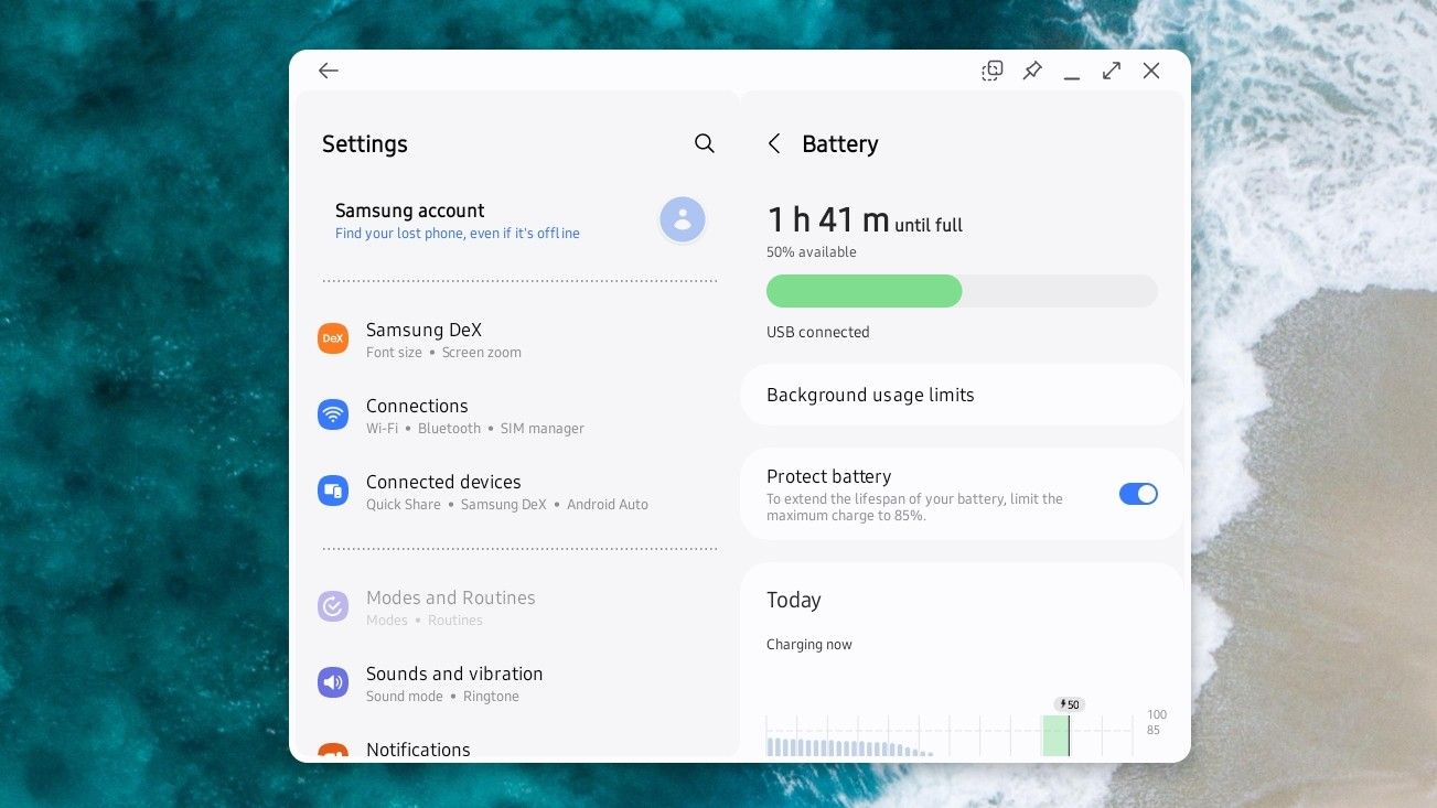 The battery settings screen in Samsung Dex