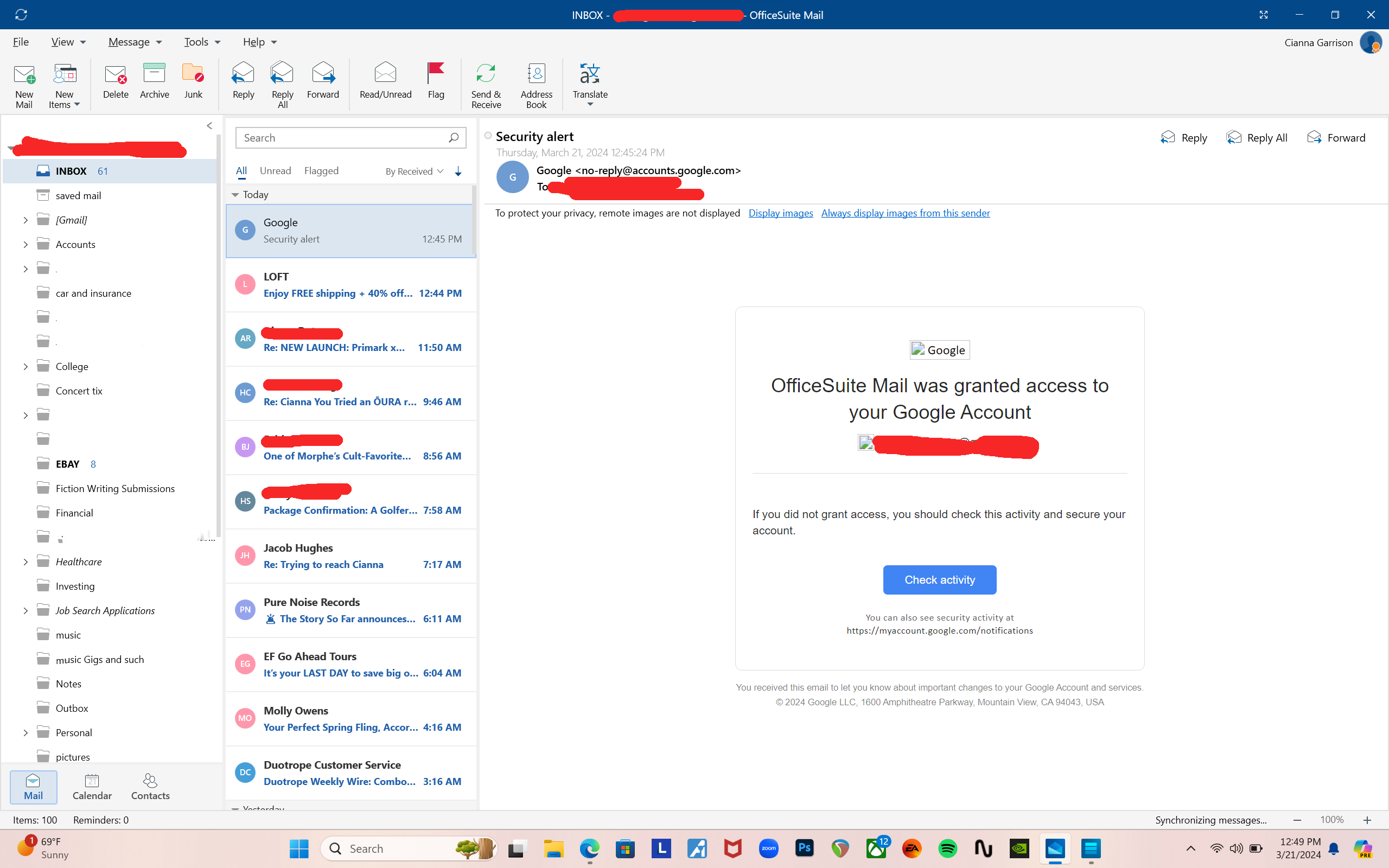 A screenshot of an email inbox using OfficeSuite's Mail app.