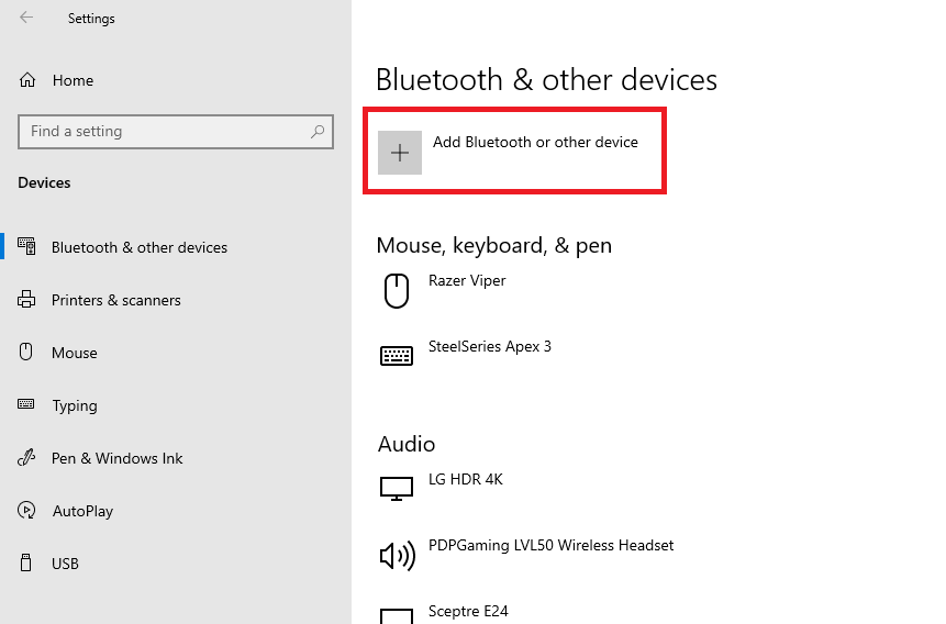 The Bluetooth option in Windows settings that will search for and connect to nearby devices.