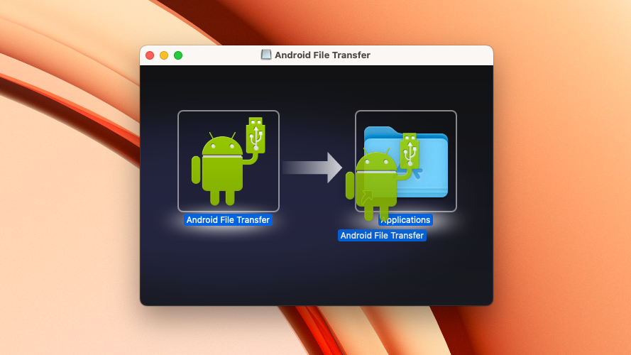 Screenshot of the Android File Transfer application being copied to the Applications folder.