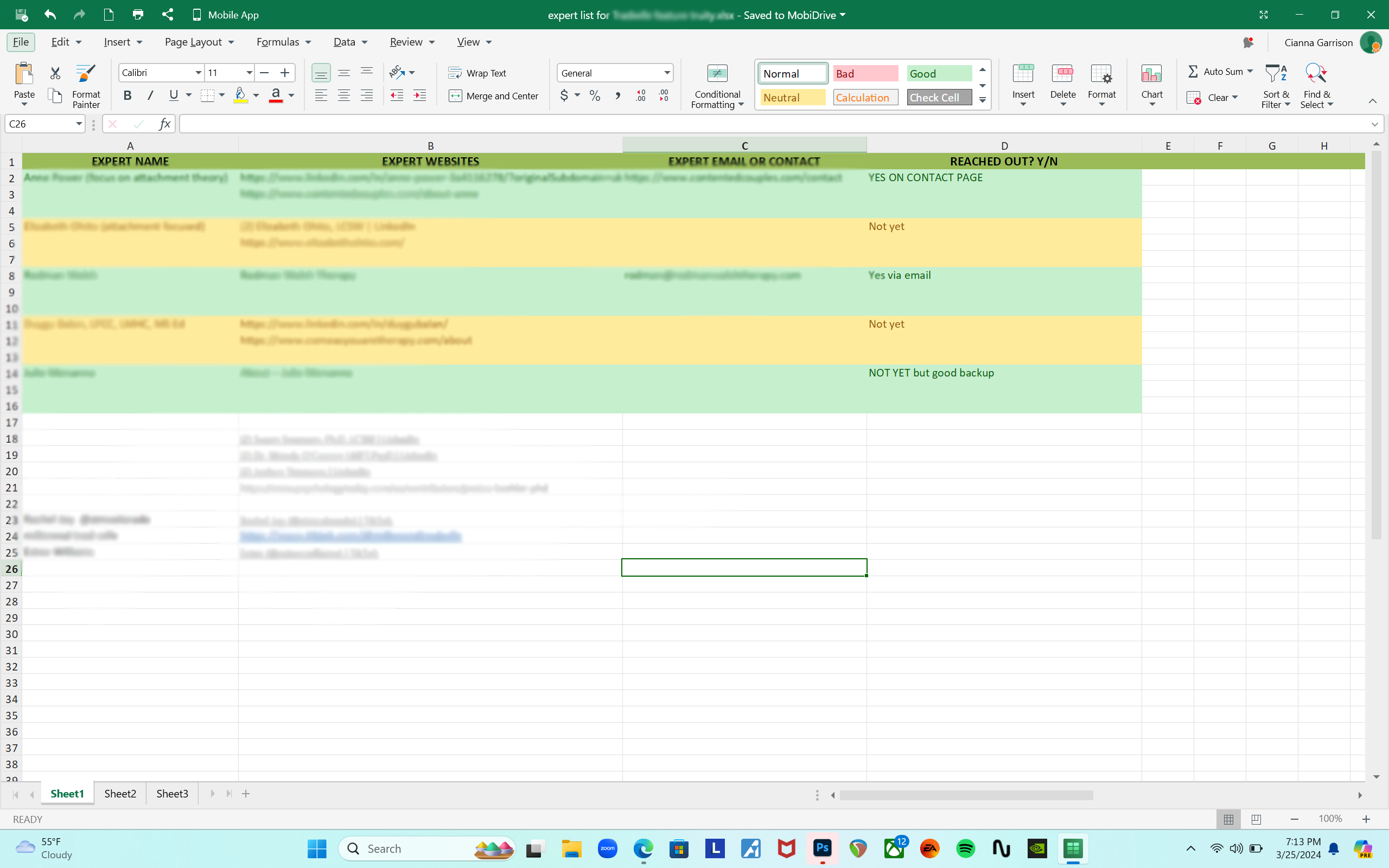 A screenshot of a spreadsheet in OfficeSuite's Sheets.