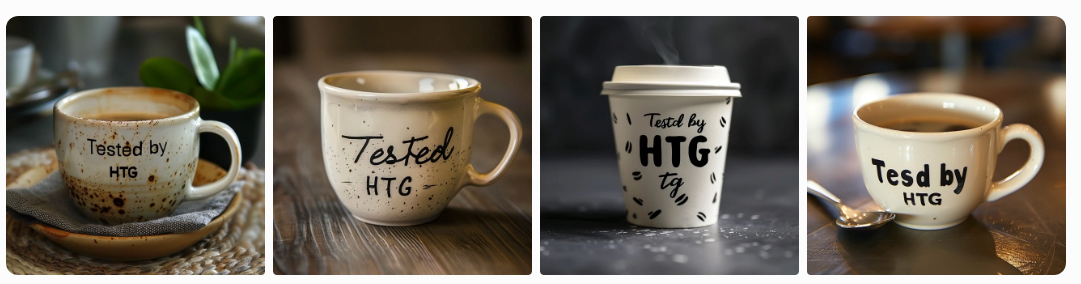 Four coffe mugs generated by MidJourney with an attempt at writing &lsquo;Tested by HTG&rsquo; on them.