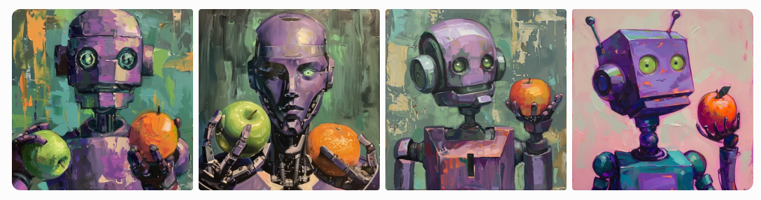 Four images generated with the prompt &lsquo;Painting of a robot looking directly at the viewer. In the robot&rsquo;s left hand is an apple. In the robot&rsquo;s right hand is an orange. The robot is purple and green.'