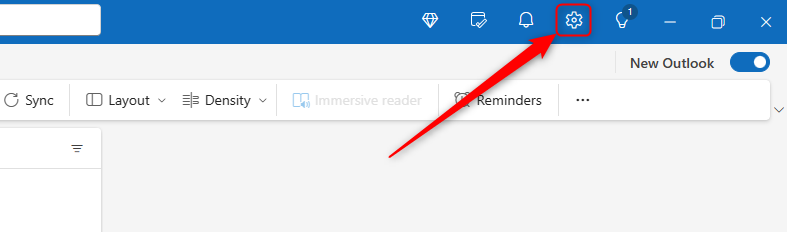 Microsoft Outlook window showing where the &lsquo;Settings&rsquo; cog is located.