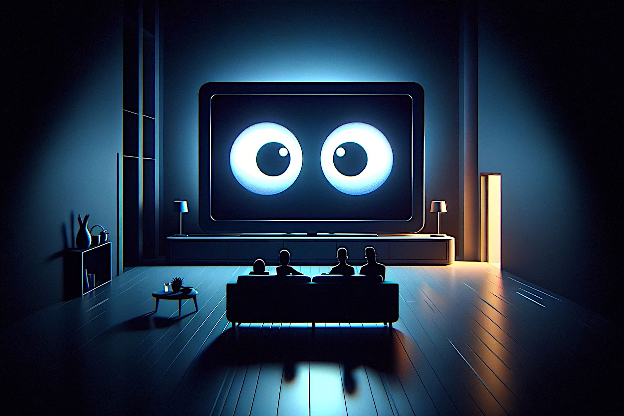Smart TV spying with eyes looking at people on the couch.
