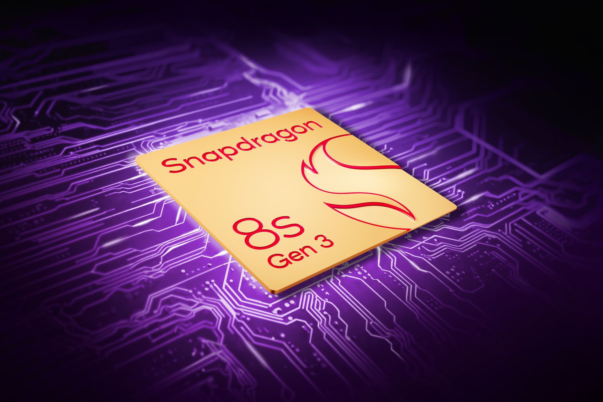 Snapdragon 8S Gen 3 chip on a purple circuit board background.