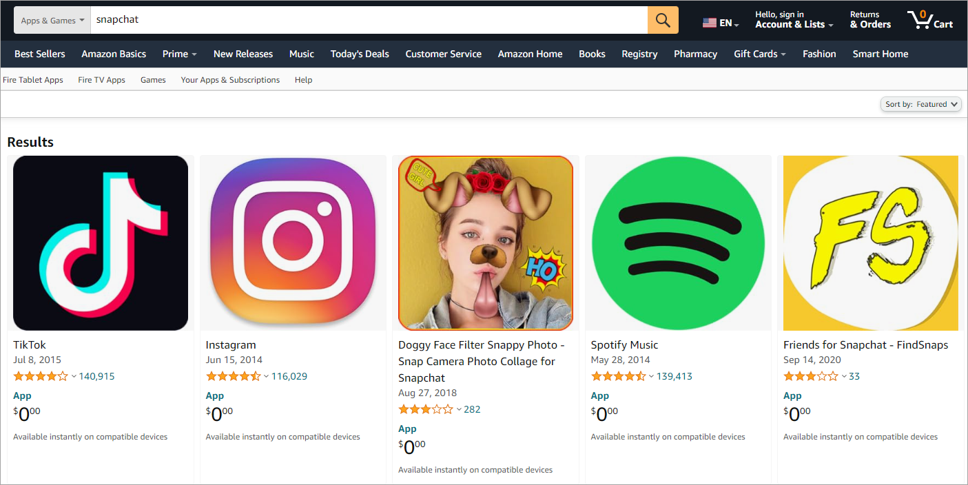 Snapchat in Amazon App Store.