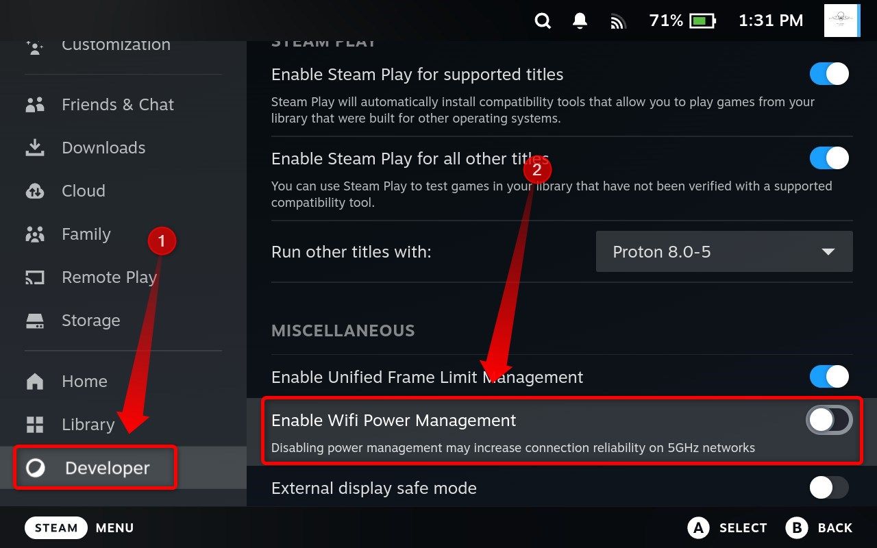 Disabling Wi-Fi power management option on a Steam Deck.