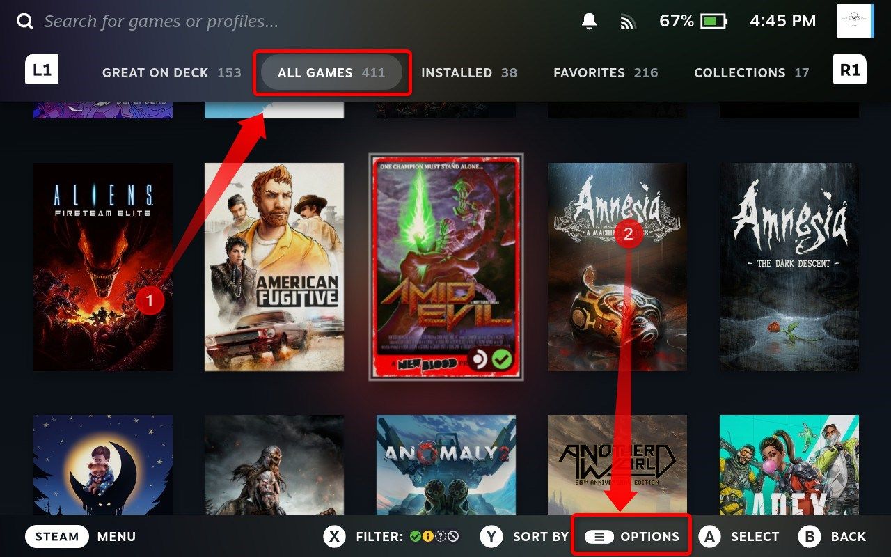 Steam Library on a Steam Deck with the All Games tab selected.
