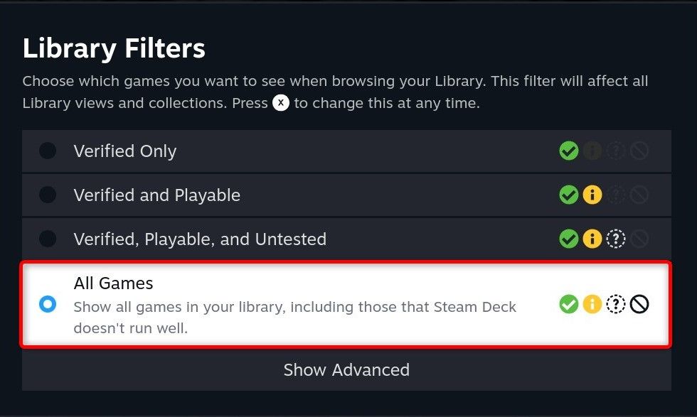 Enabling All Games filter in a Steam Deck library filters menu.
