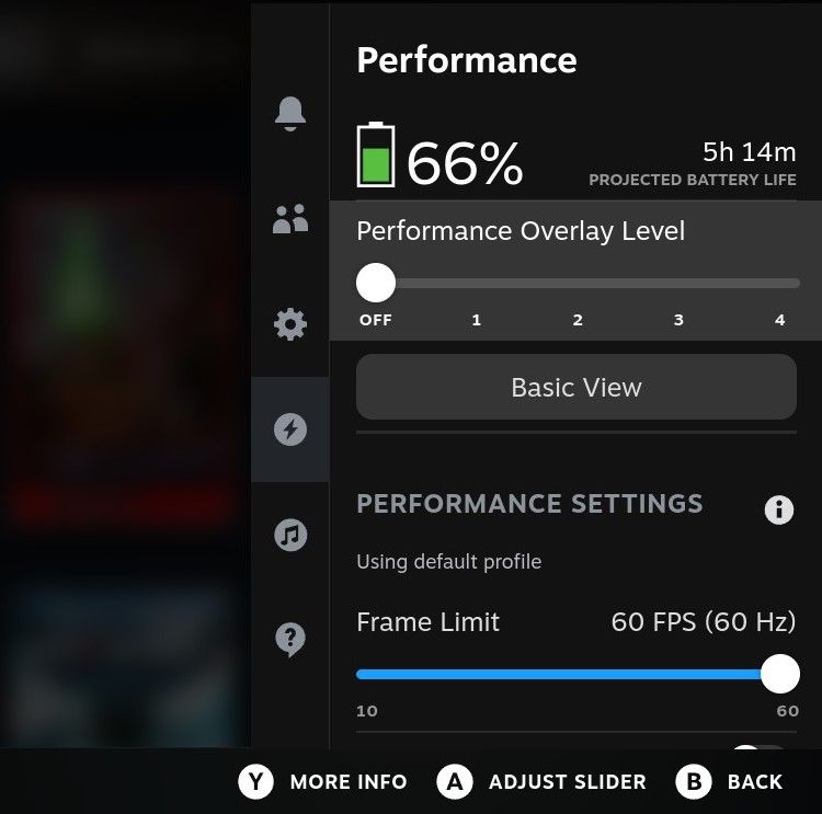 Performance Quick Access menu on a Steam Deck.