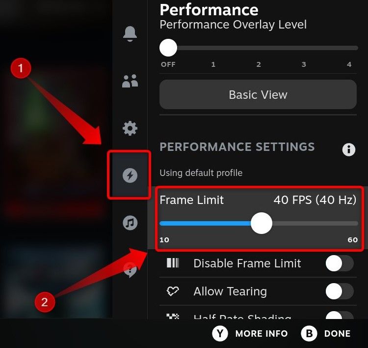 Setting frame limit to 40 FPS on a Steam Deck.
