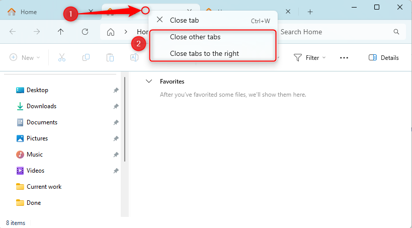 The tab closing options viewable in File Explorer by right-clicking on an existing tab.
