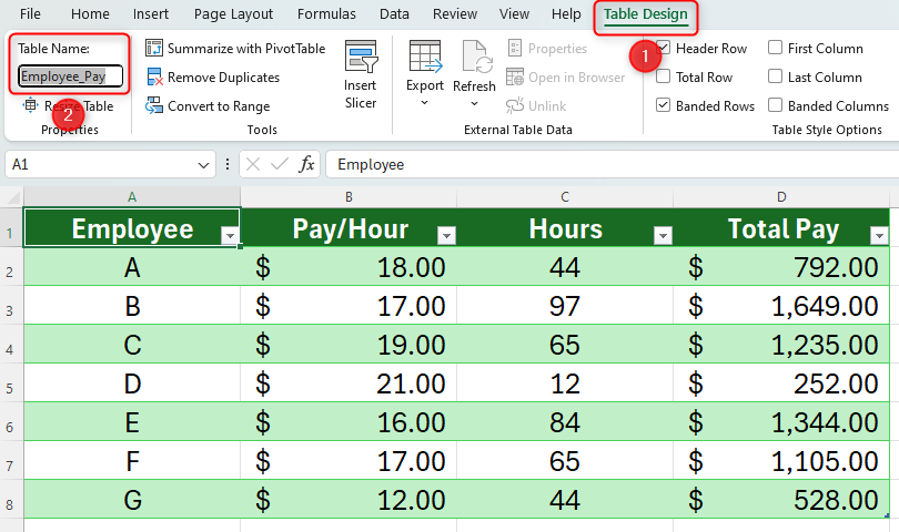 An Excel sheet containing a table and the Table Name function in the Table Design tab highlighted.