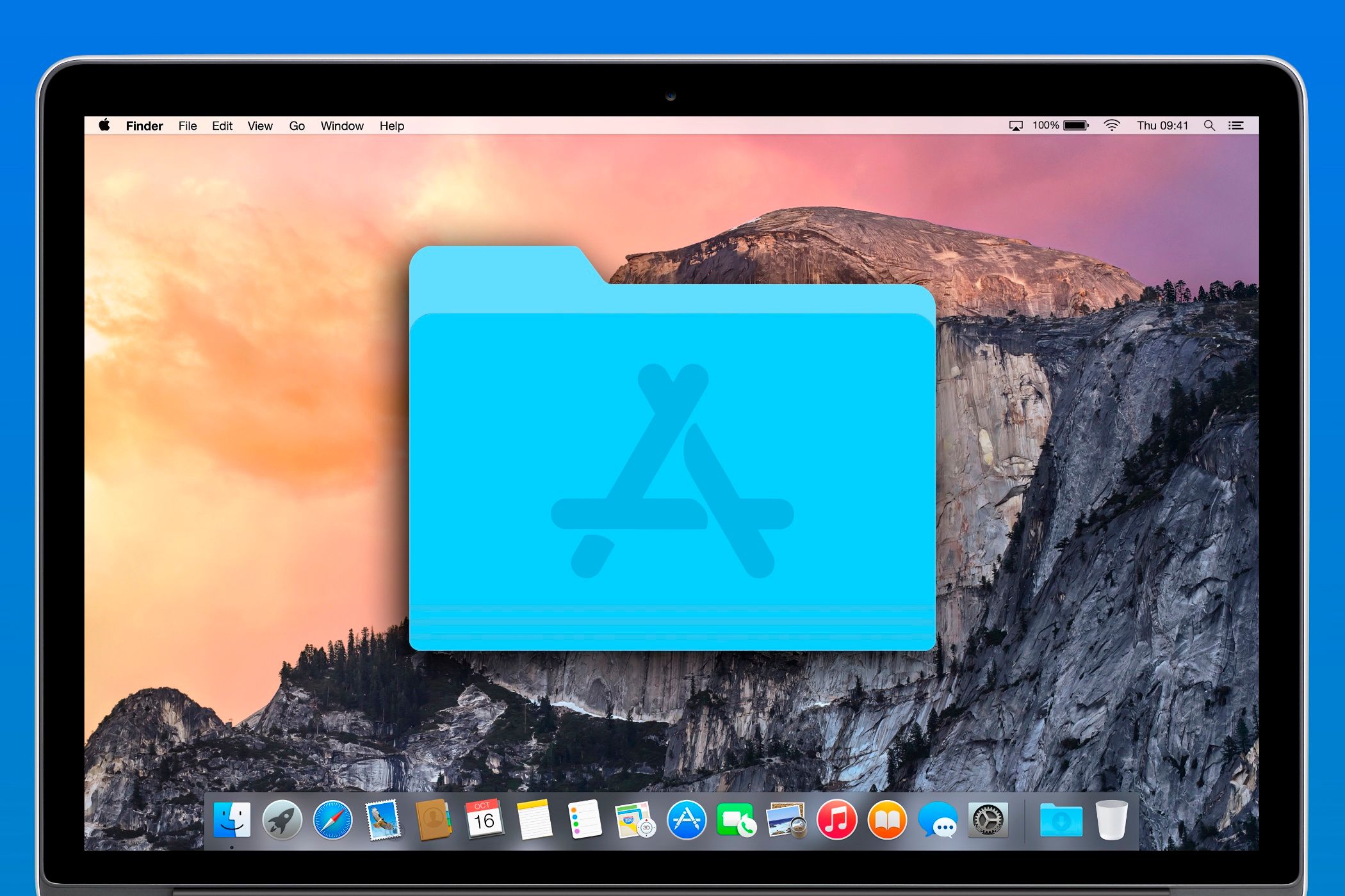 The MacBook home screen with the application folder icon in the center.