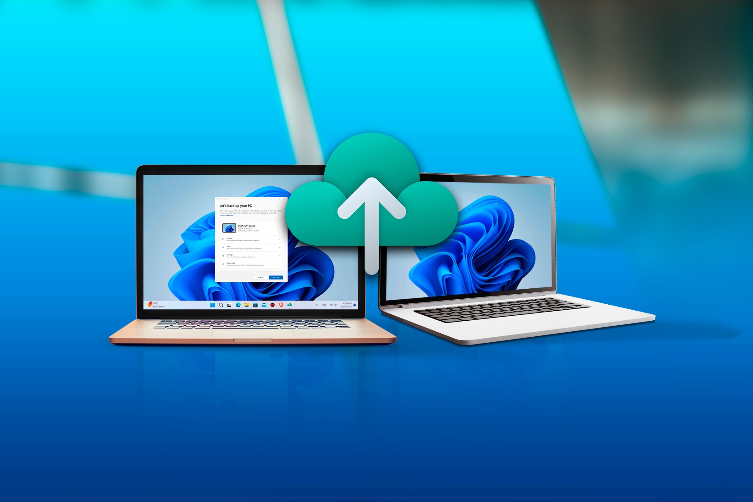 The windows backup logo in the center and behind, two laptops, the right one with the windows default wallpaper, and the left one with the windows backup screen.