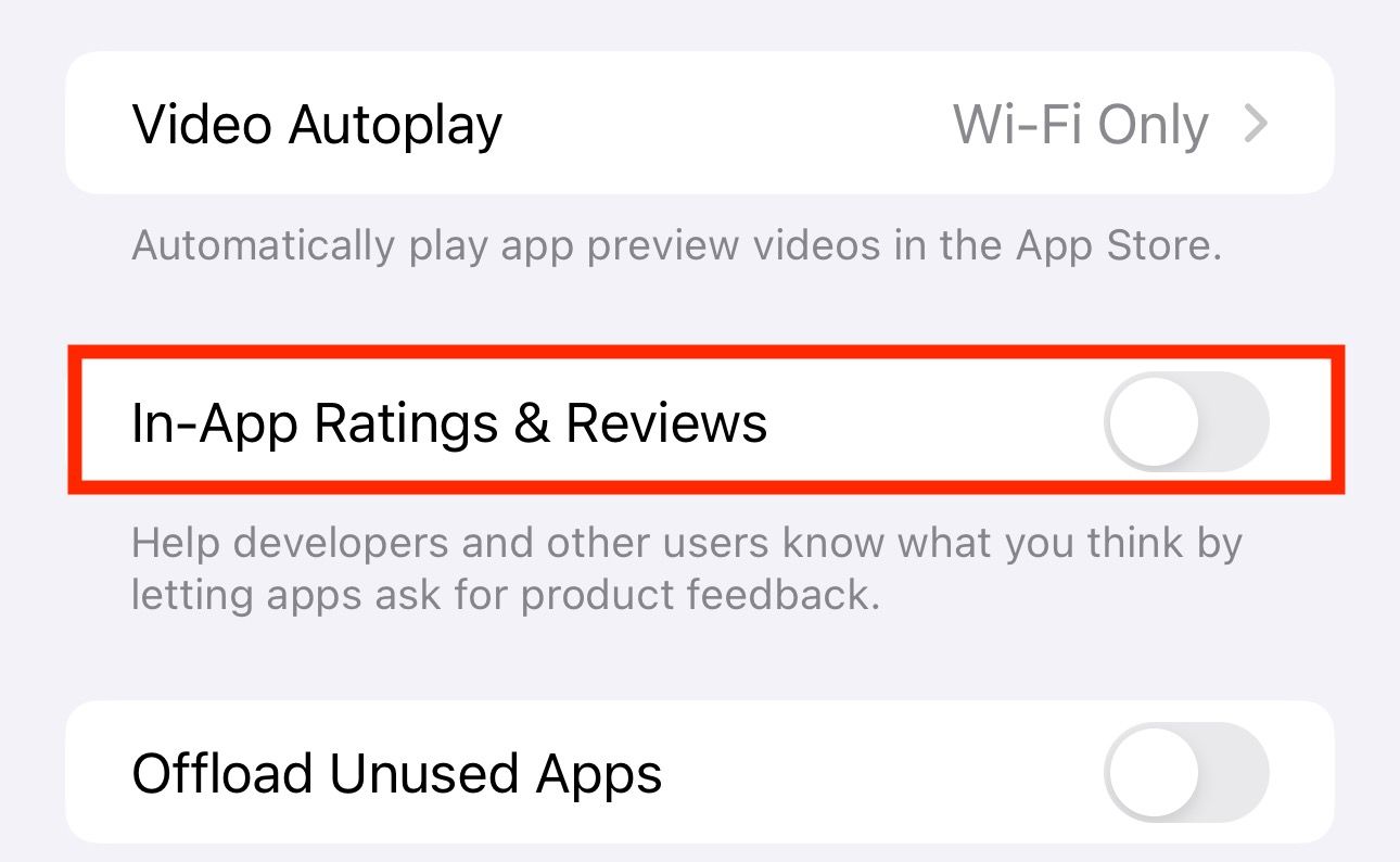 Turning off In-App Ratings & Reviews on iPhone.