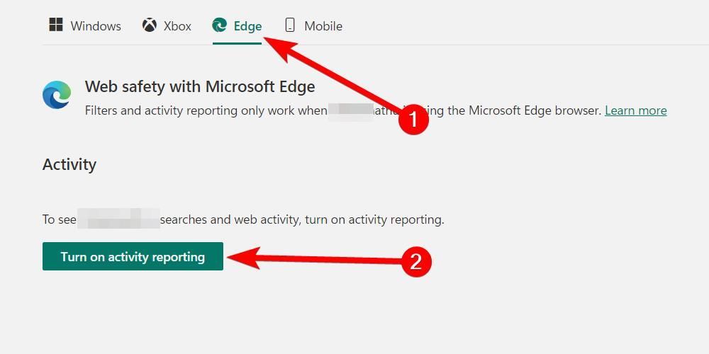 Turning on activity reporting for Microsoft Edge in the Family app on Windows 11.