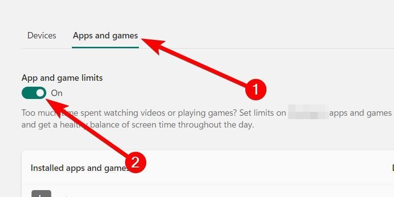 Turning on limits for apps and games in the Family app on Windows 11.