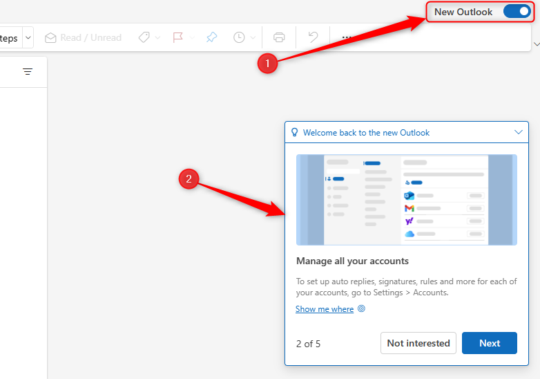 The new Microsoft Outlook, with the &lsquo;New Outlook&rsquo; button turned on and the hints box highlighted.