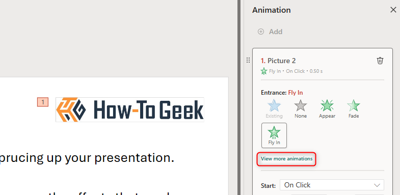 PowerPoint for the web's Animation Pane open with 'View More Animations' highlighted on one of the animations.