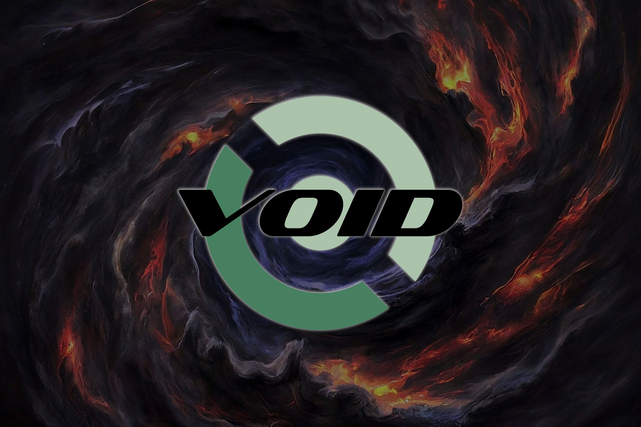 The Void Linux logo on a background of flaming, swirling clouds. 