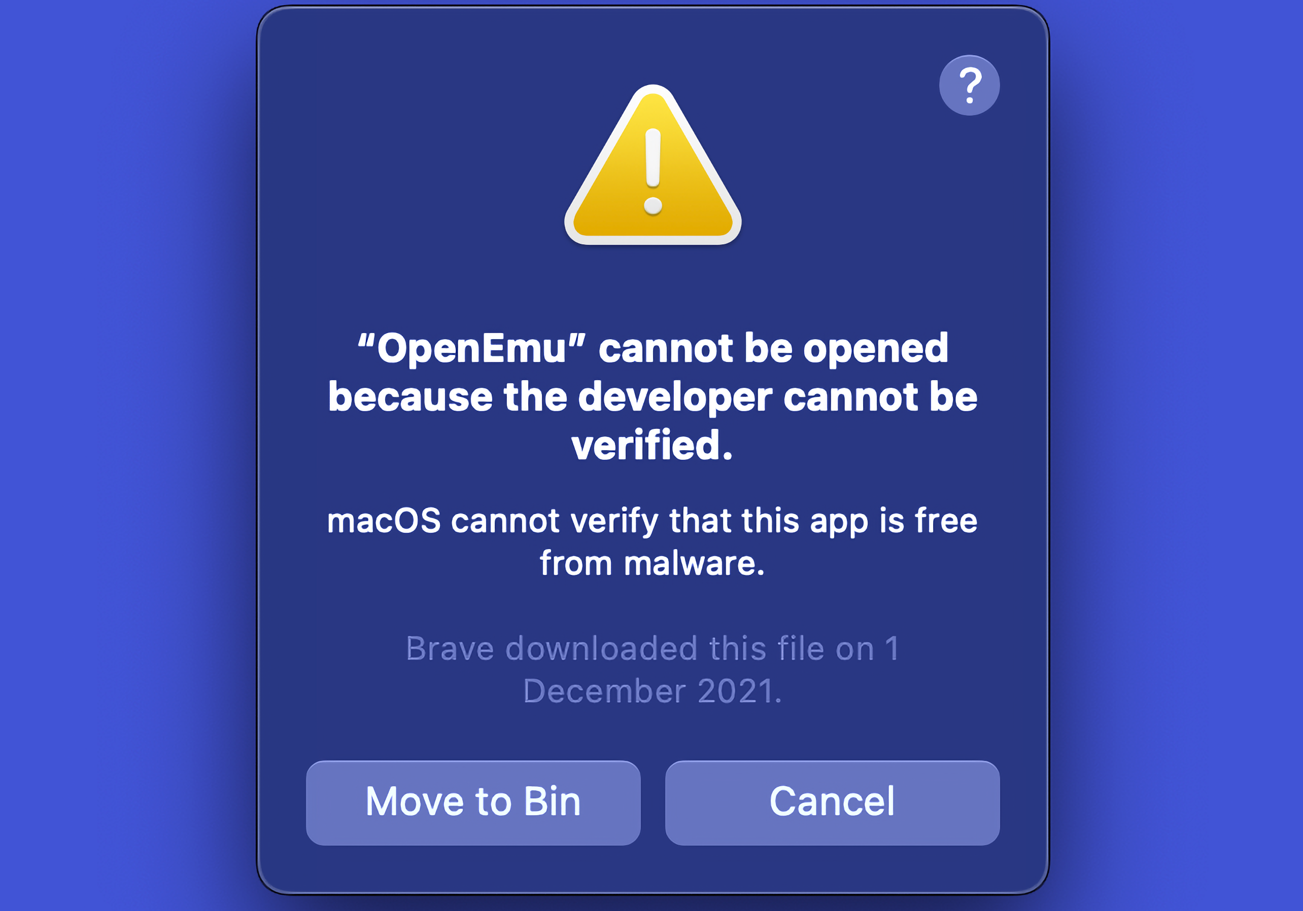 Warning saying a Mac app cannot be opened for security reasons.