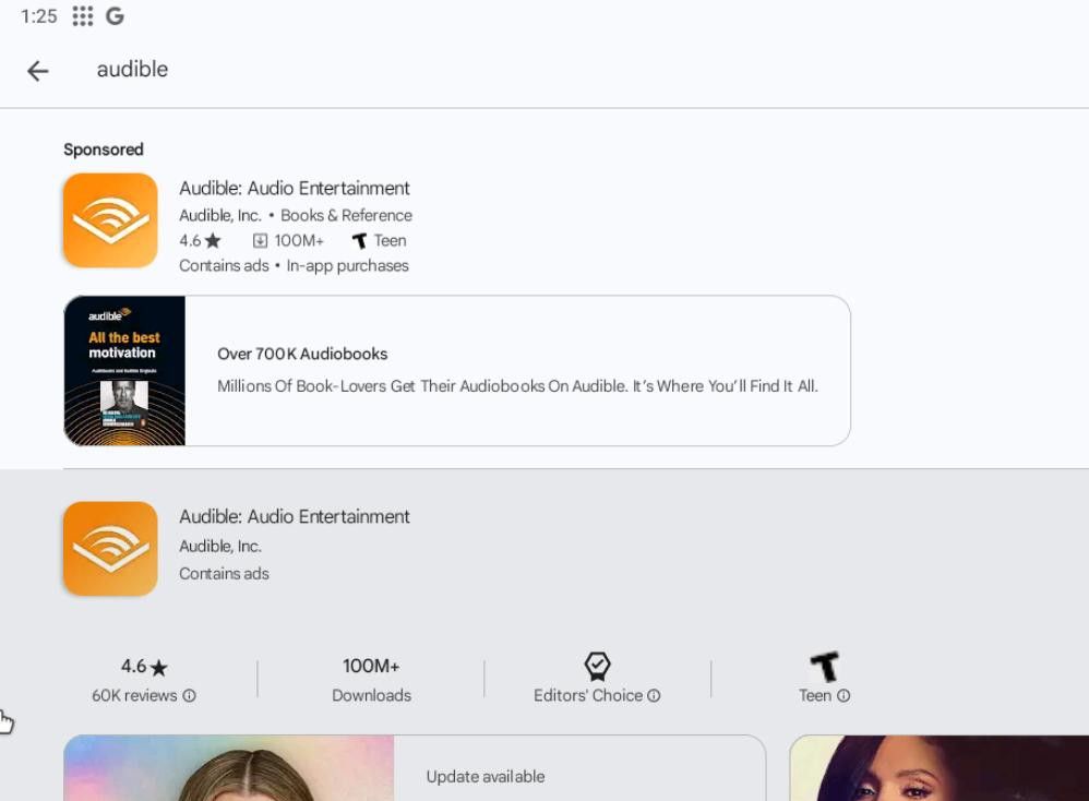 Google Play Store in WayDroid.  A user searches for Audible, and Google Play shows it as the first search result.