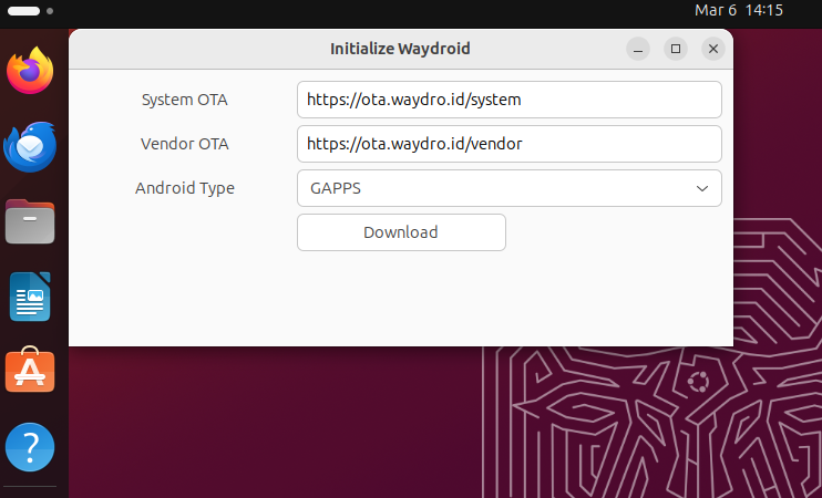 WayDroid initialization wizard on Ubuntu, showing download options.