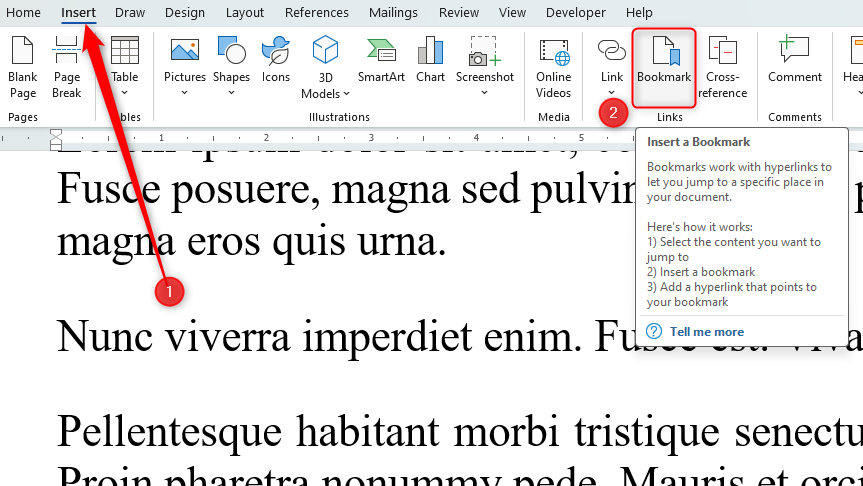 A Word document with the bookmark option highlighted.